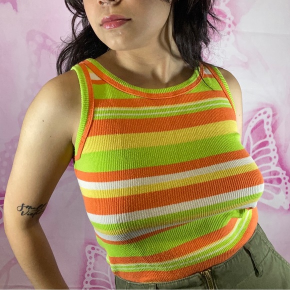 Vintage neon Orange and green stripped tank top ♡ - Picture 3 of 4